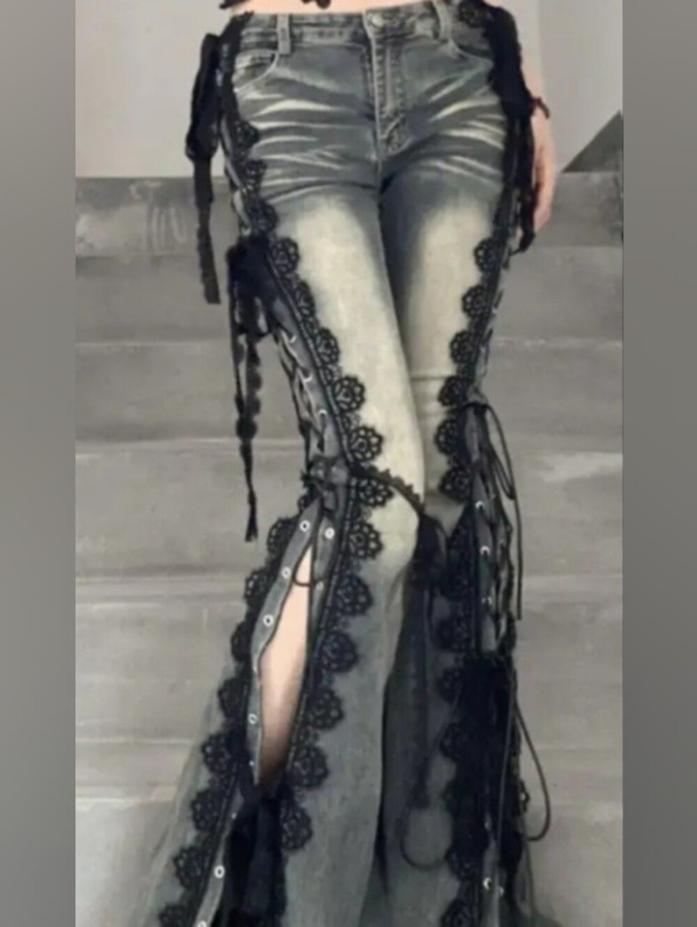 Women's Black Trim Washed Gray Lace-Up Flared Jeans. Cotton.